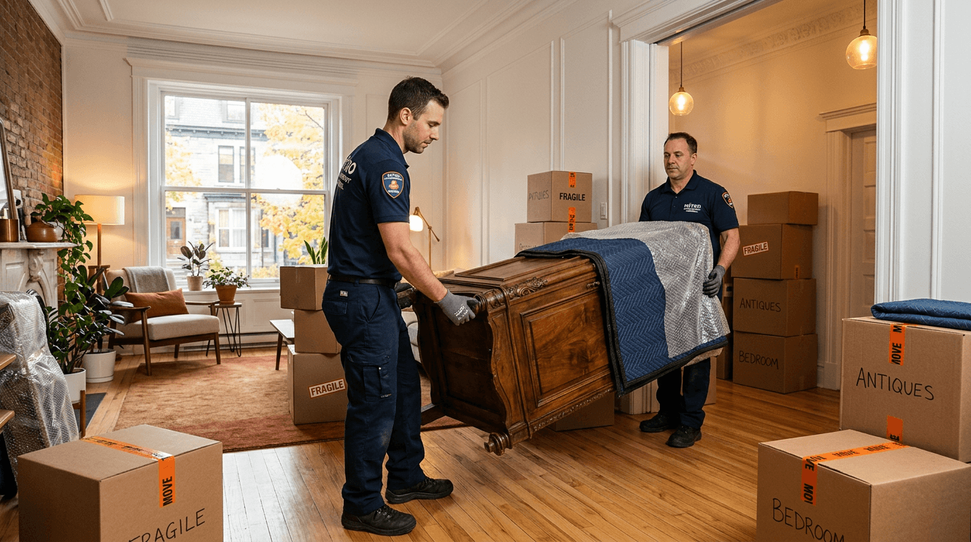 Déménageurs antiquités Montréal emballant armoire ancienne avec couvertures épaisses