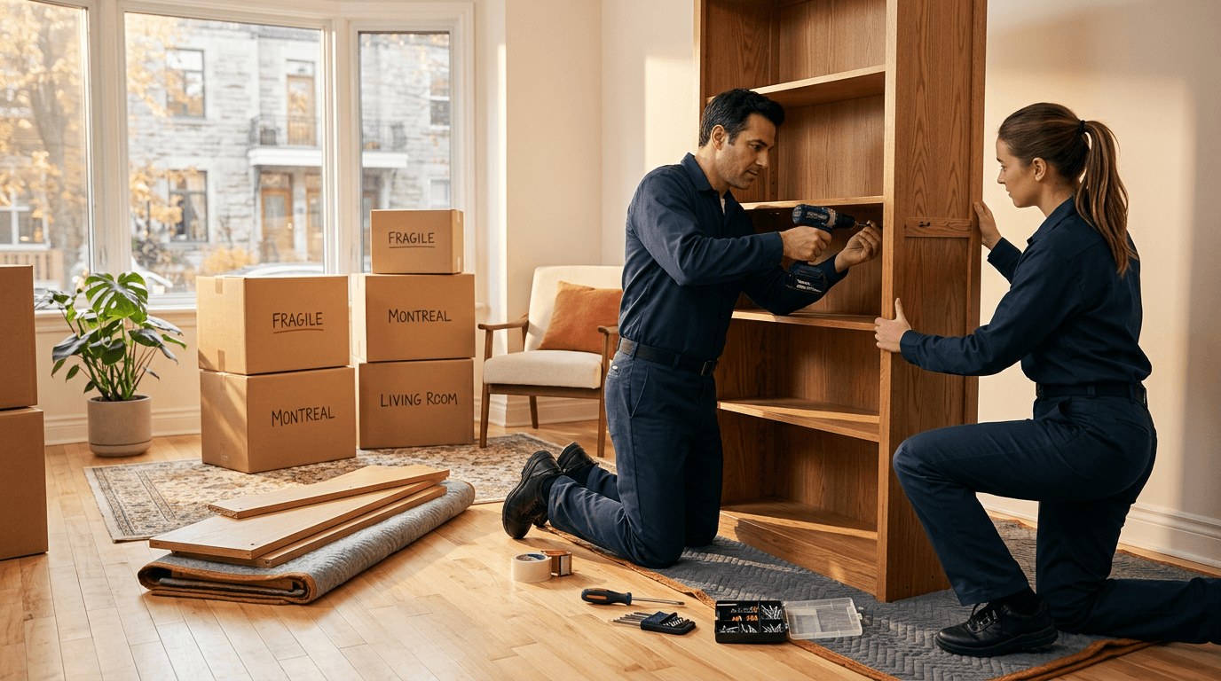 Furniture movers Montreal wrapping sectional sofa in moving blankets