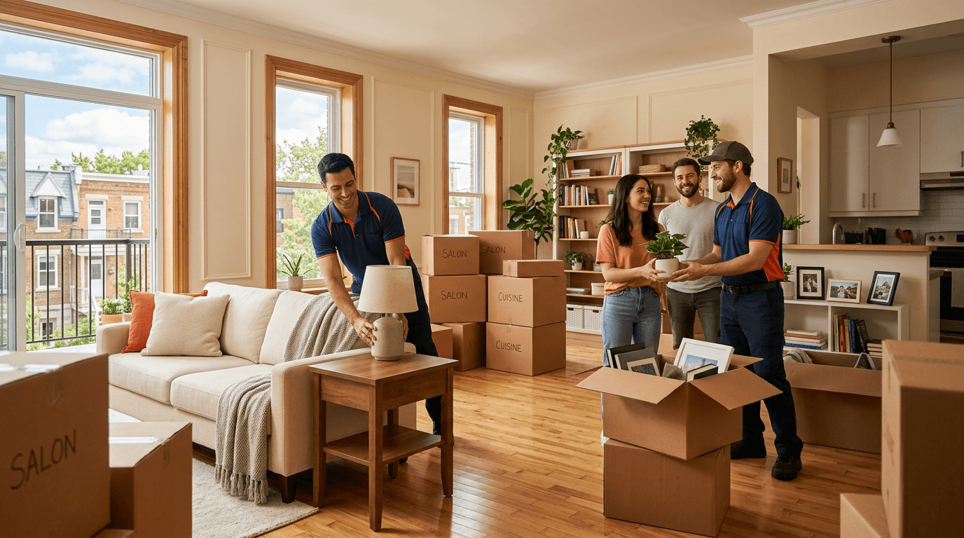 Apartment movers Montreal carrying furniture down triplex stairs