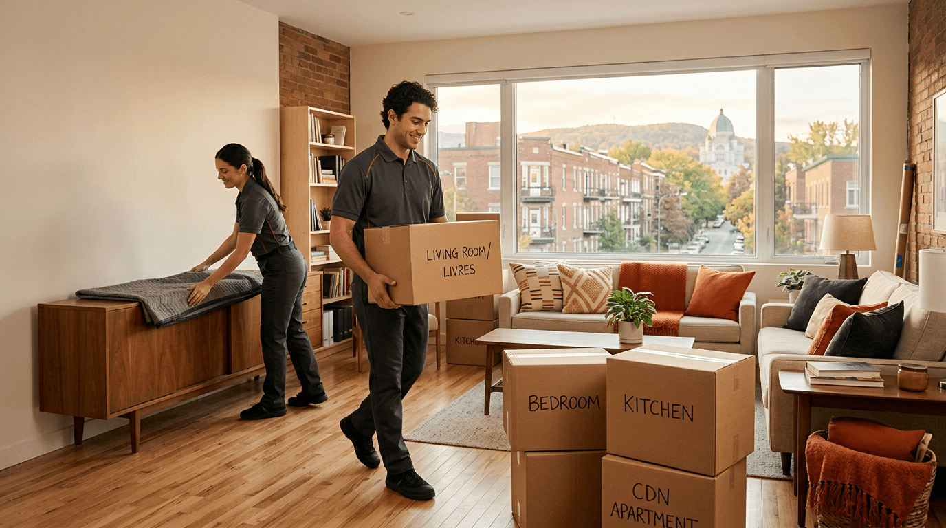 Movers Côte-des-Neiges loading truck outside CDN apartment building