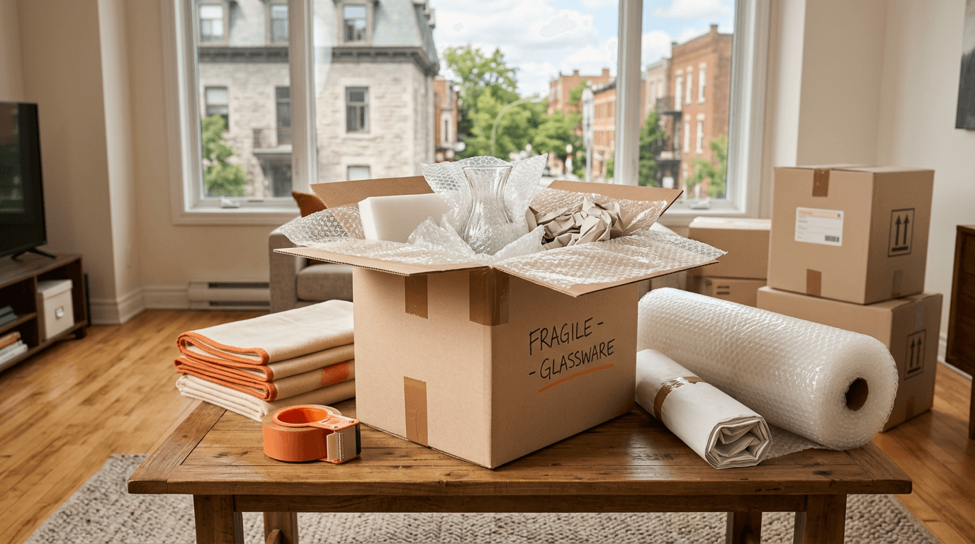 Déménageurs articles fragiles Montréal emballant vaisselle fine avec papier bulle