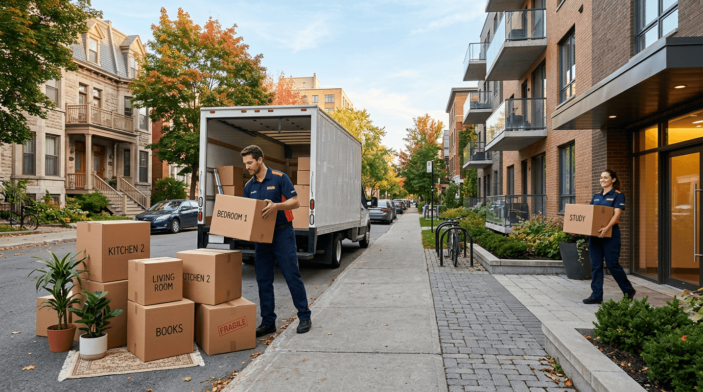 House movers Montreal loading furniture from residential home
