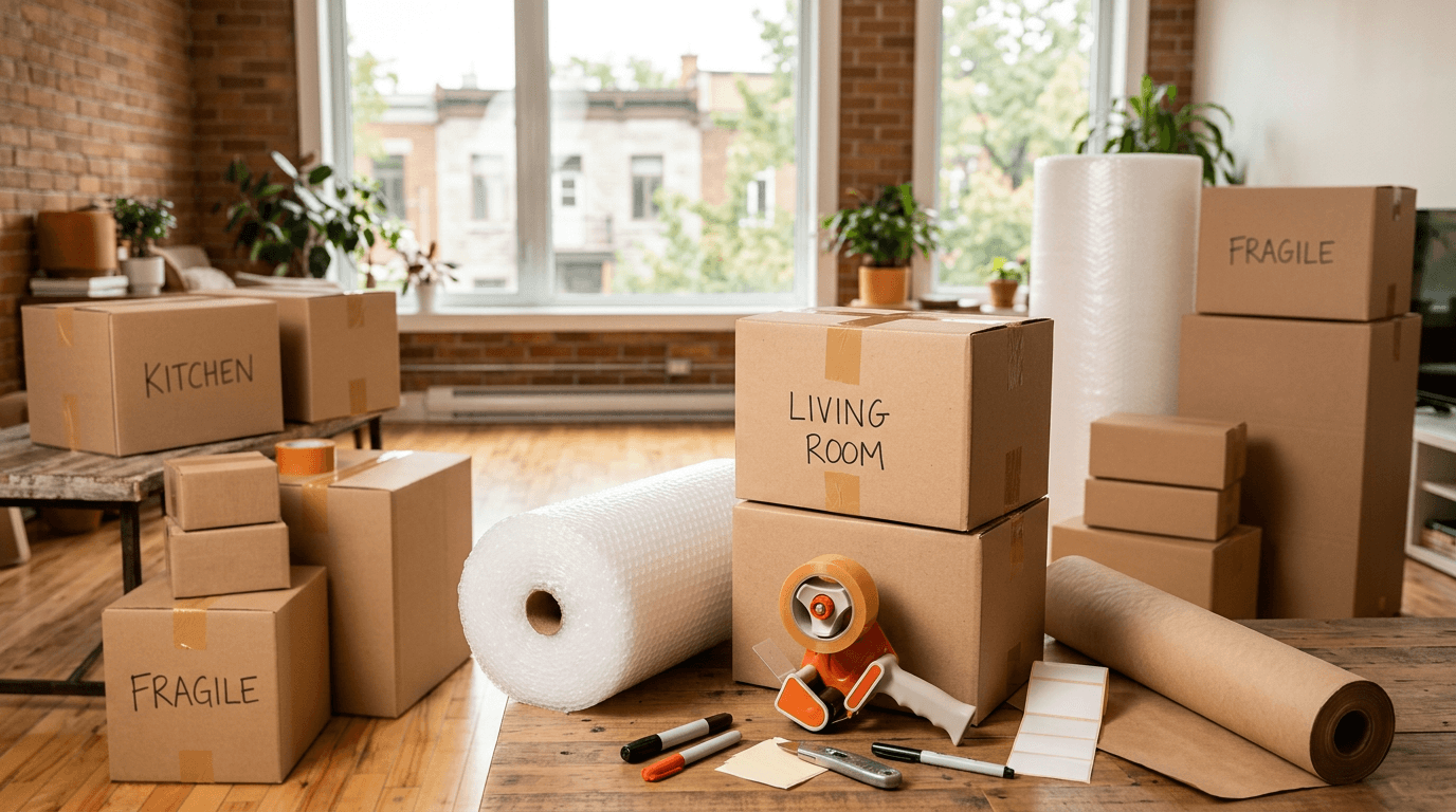 Packing services Ahuntsic team wrapping fragile items and boxing up kitchen