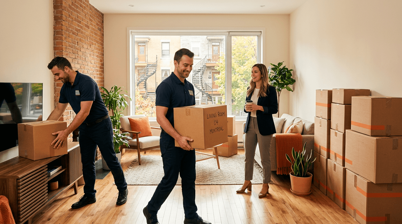 Déménagement corporatif Montréal équipe professionnelle chargeant mobilier de bureau