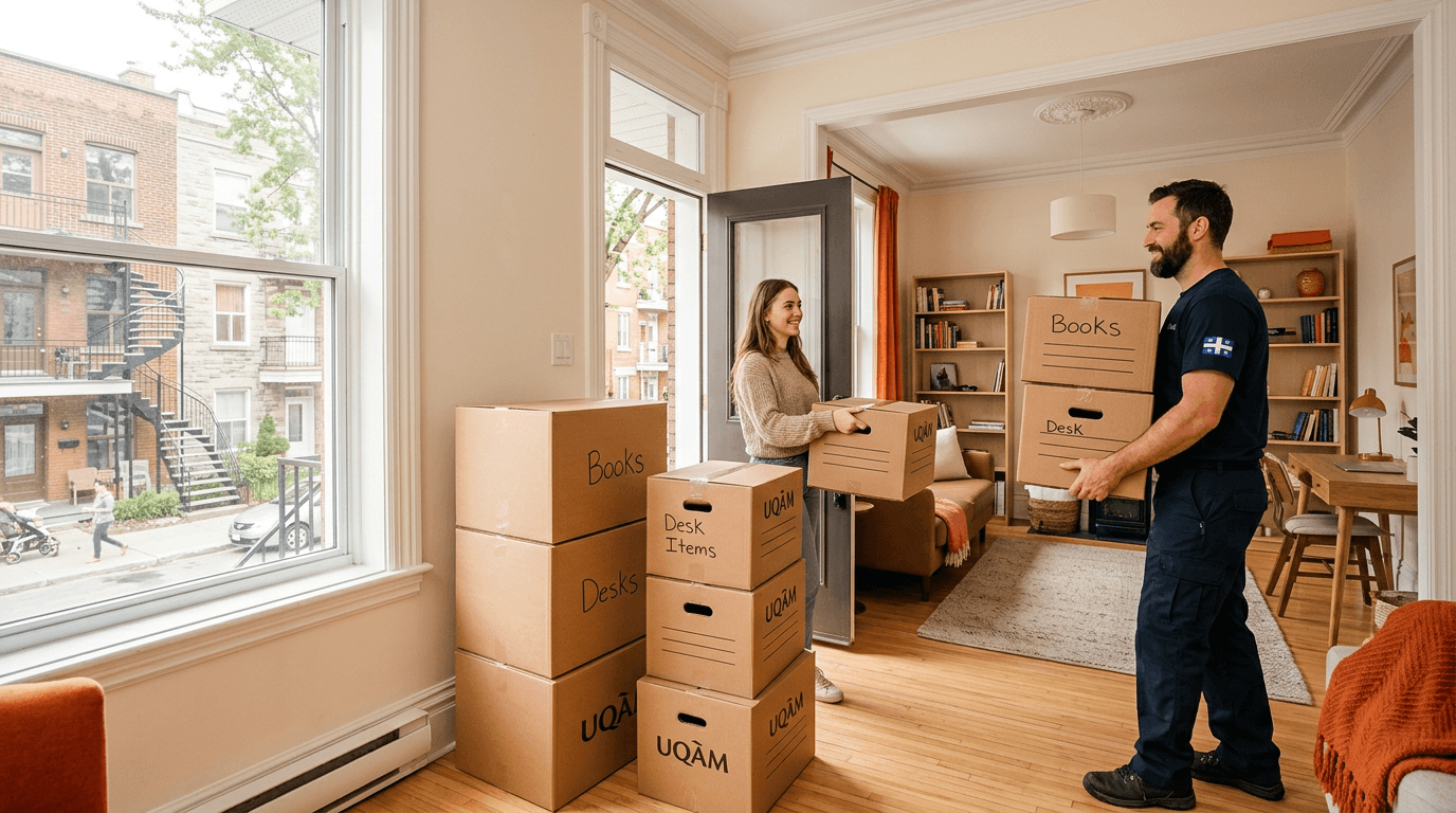 Student movers Hochelaga-Maisonneuve carrying boxes downstairs