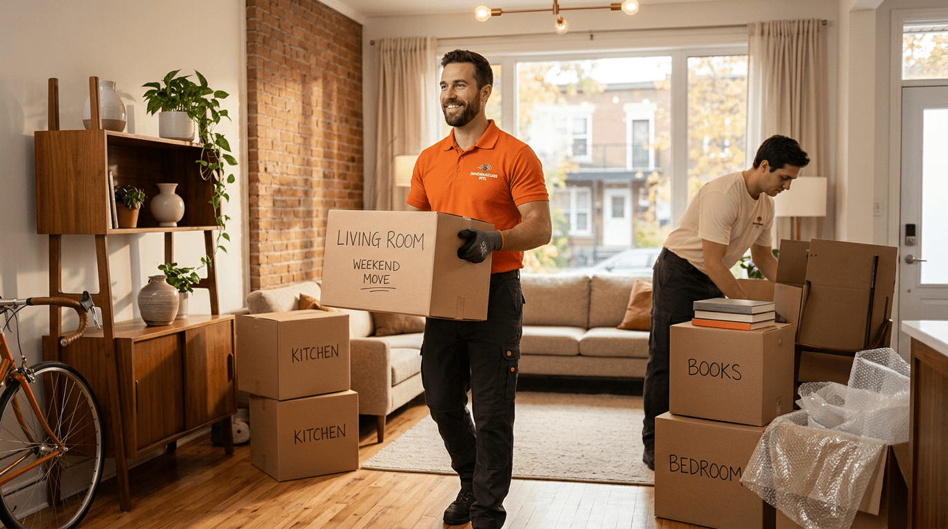 Weekend movers Montreal unloading truck on Saturday