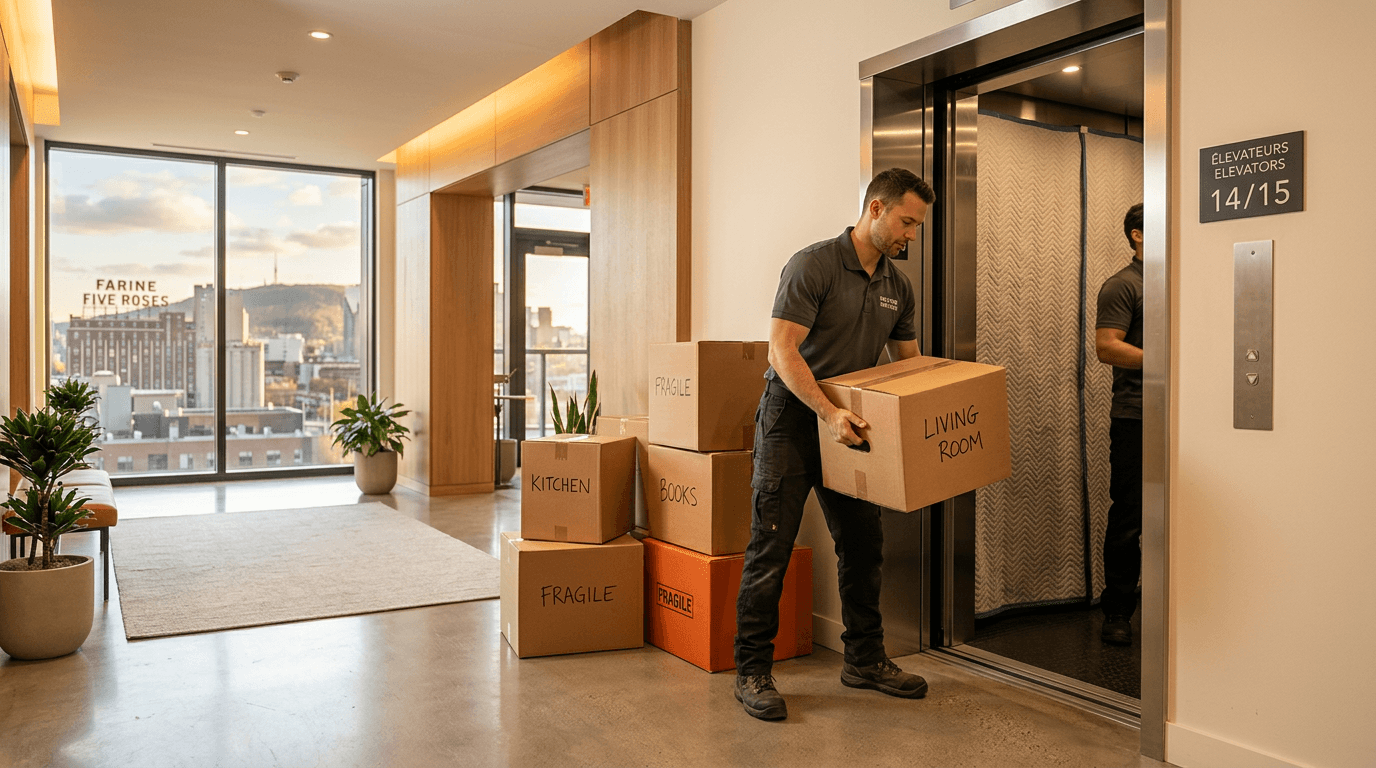 Déménageurs condo Montréal protégeant le hall d'entrée avec des coureurs