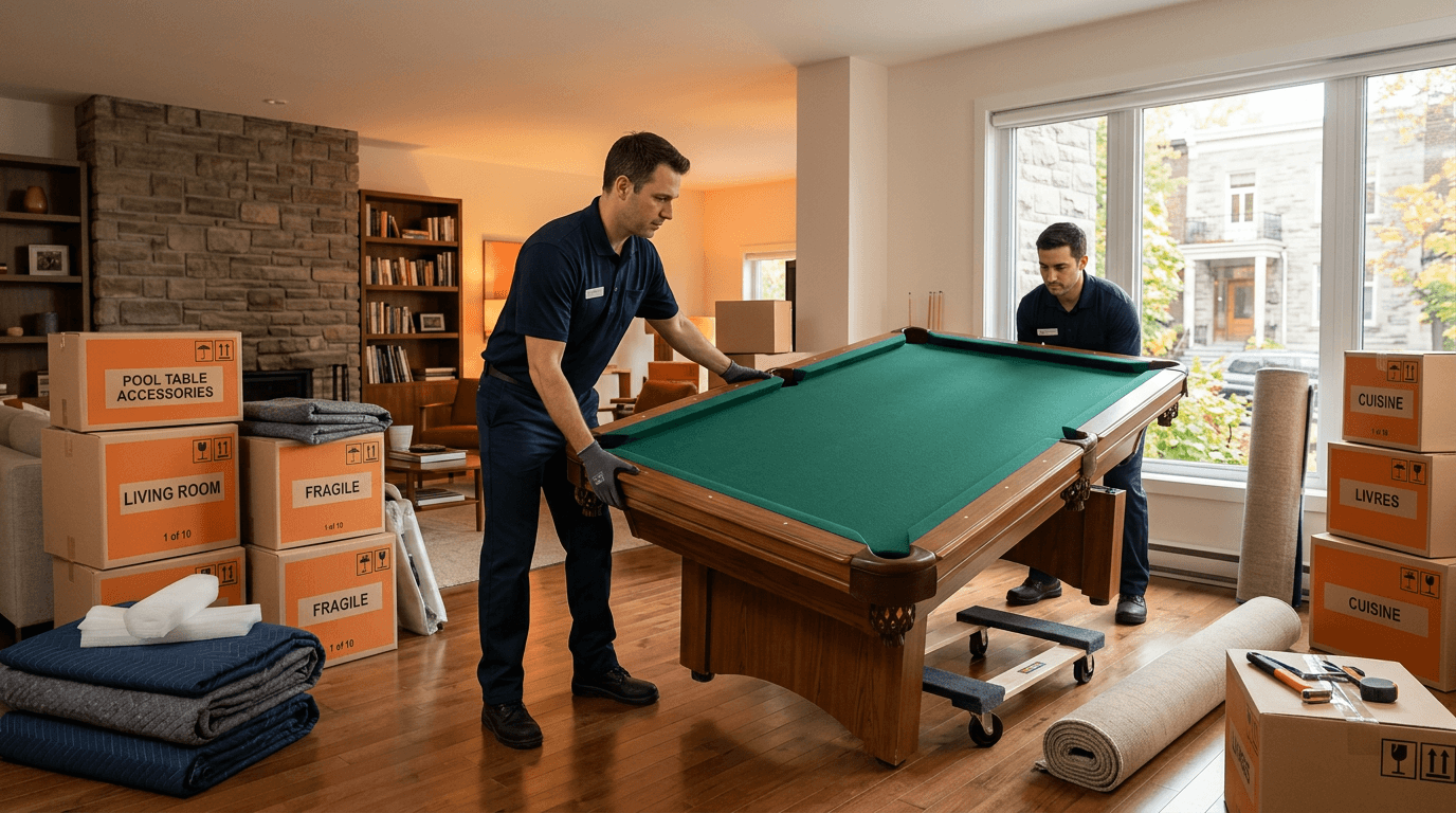 Déménageurs table de billard Montréal démontant ardoise pour transport